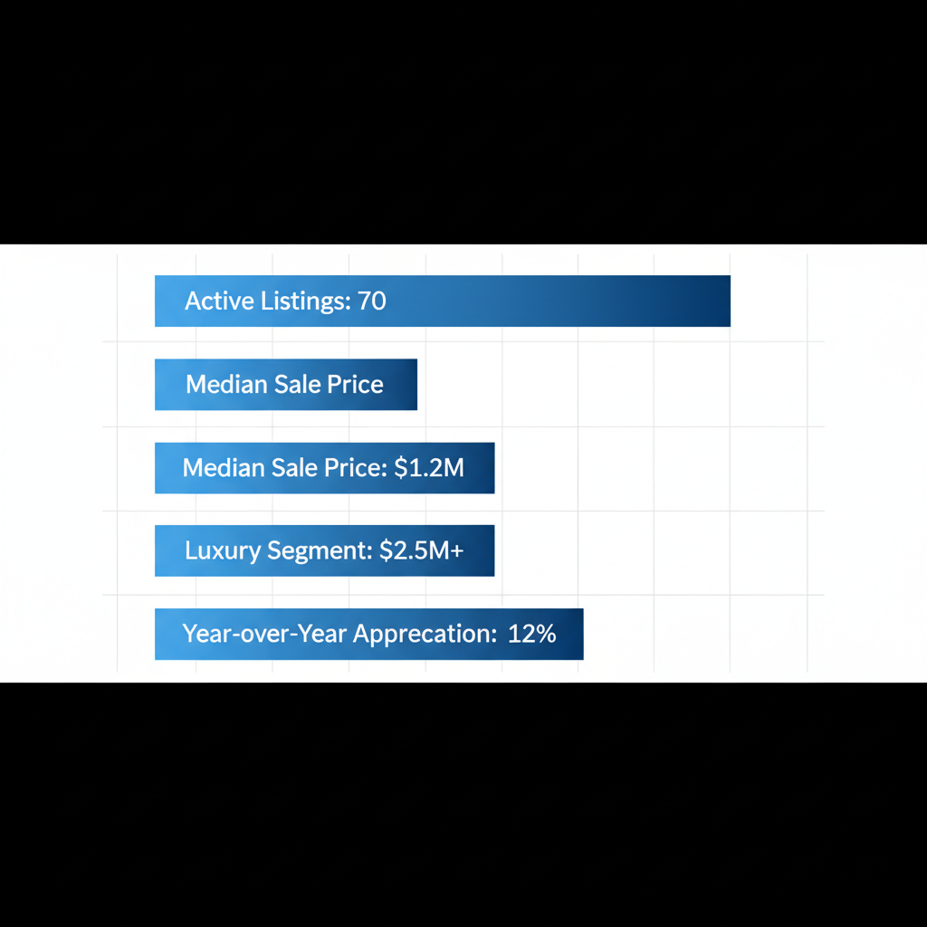 Horizontal bar chart illustrating Birmingham Michigan real estate inventory, median prices, luxury segment, and appreciation trends