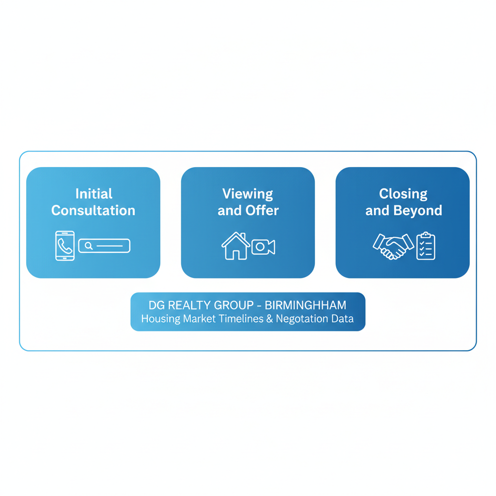 Horizontal process flow diagram illustrating the three key stages of buying a home with DG Realty in Birmingham, including icons for consultation, viewing, and closing.