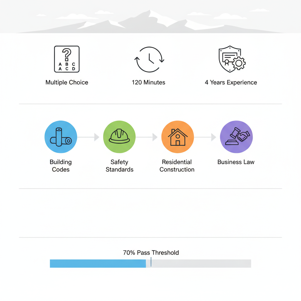 Infographic outlining exam format, core topics including building codes, safety, construction, and business law, plus scoring for Colorado residential contractor exam