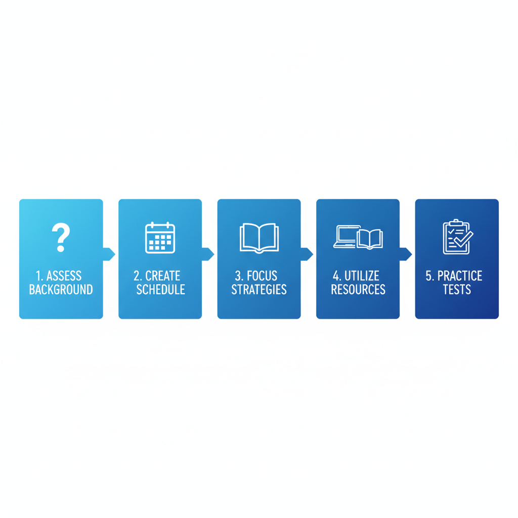 Horizontal process flow diagram illustrating five steps of residential contractor test prep in Colorado with icons and labels.