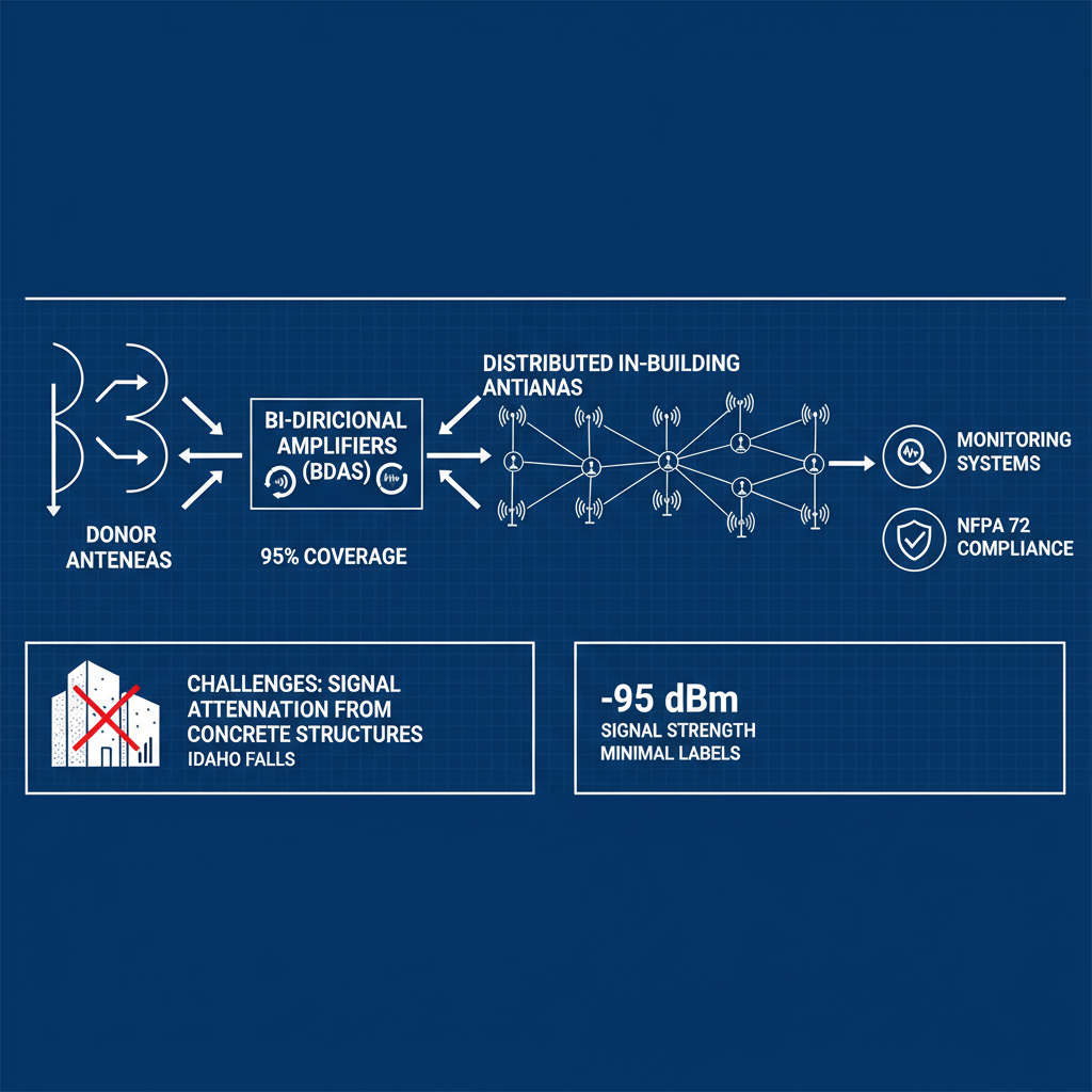 Infographic illustrating core components of Emergency Responder Radio Coverage Systems including antennas, amplifiers, and compliance icons