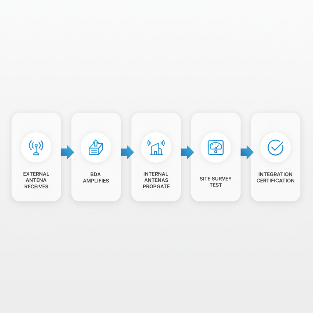 Horizontal process flow diagram illustrating ERCES systems signal distribution from external antenna reception to certification testing