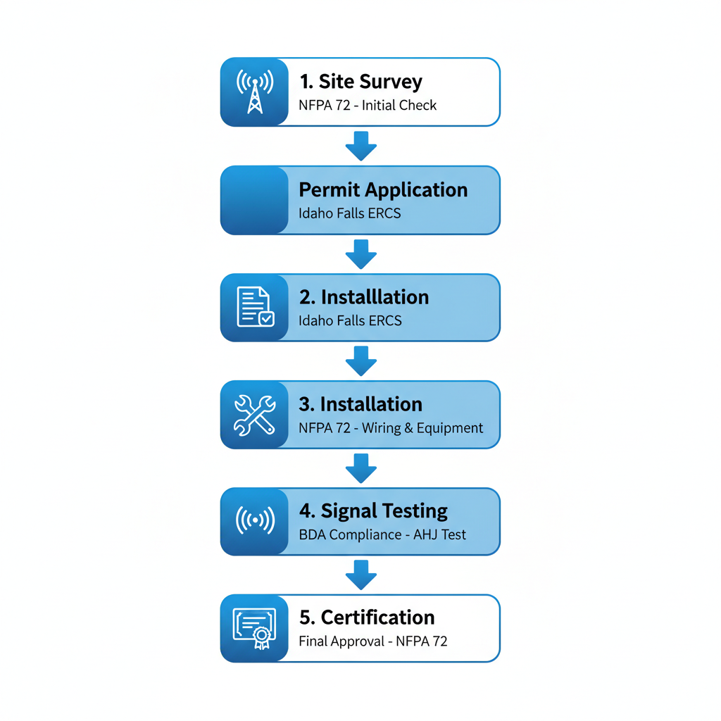 Vertical process flow illustrating ERCS code inspections and BDA compliance steps in Idaho Falls