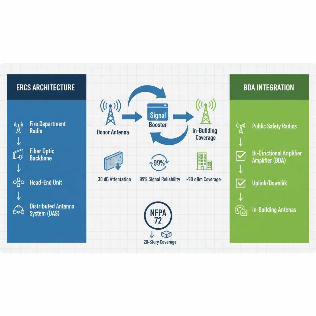 Infographic illustrating ERCS and BDA system components with NFPA 72 compliance icons for building communications in Idaho Falls