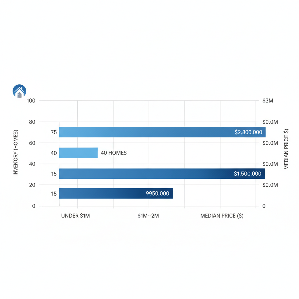 Horizontal bar chart comparing inventory levels and median sale prices in Bloomfield Hills real estate market by price categories
