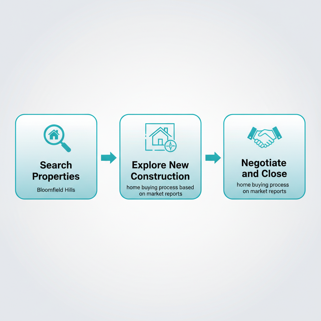 Horizontal process flow diagram illustrating key steps to buy homes in Bloomfield Hills: searching properties, exploring new construction, and offer negotiation.