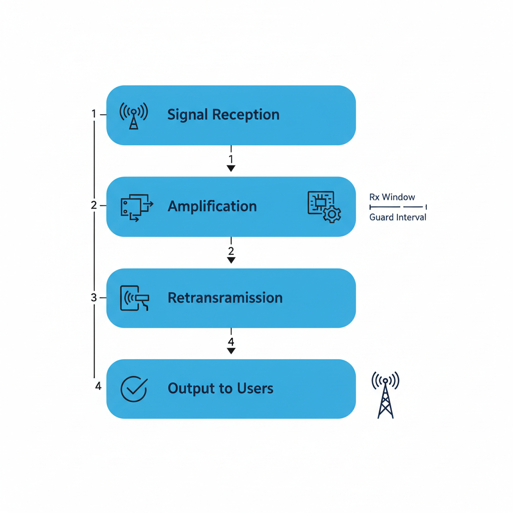 Vertical process flow diagram illustrating radio repeater signal reception, amplification, retransmission, and output stages with icons and arrows.