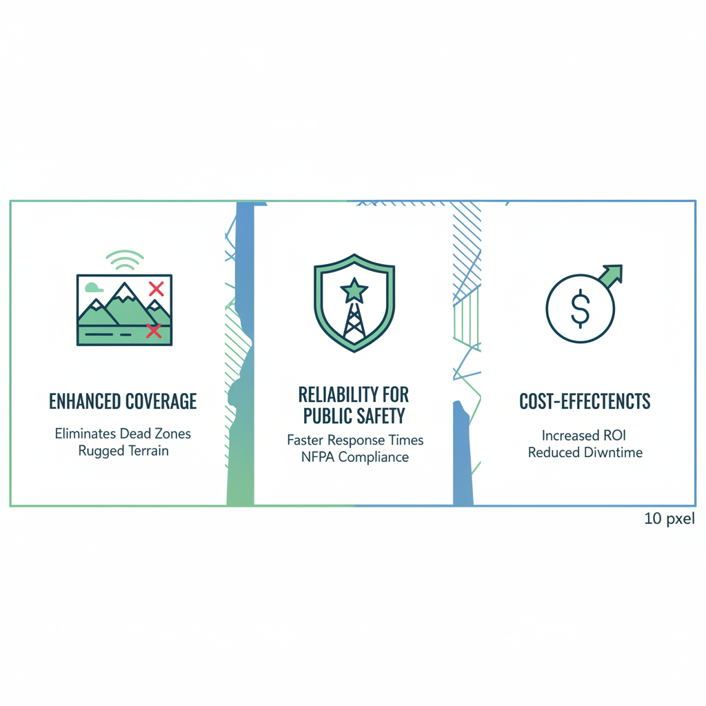 Infographic illustrating benefits of radio repeaters including enhanced coverage, public safety reliability, and cost-effectiveness for businesses