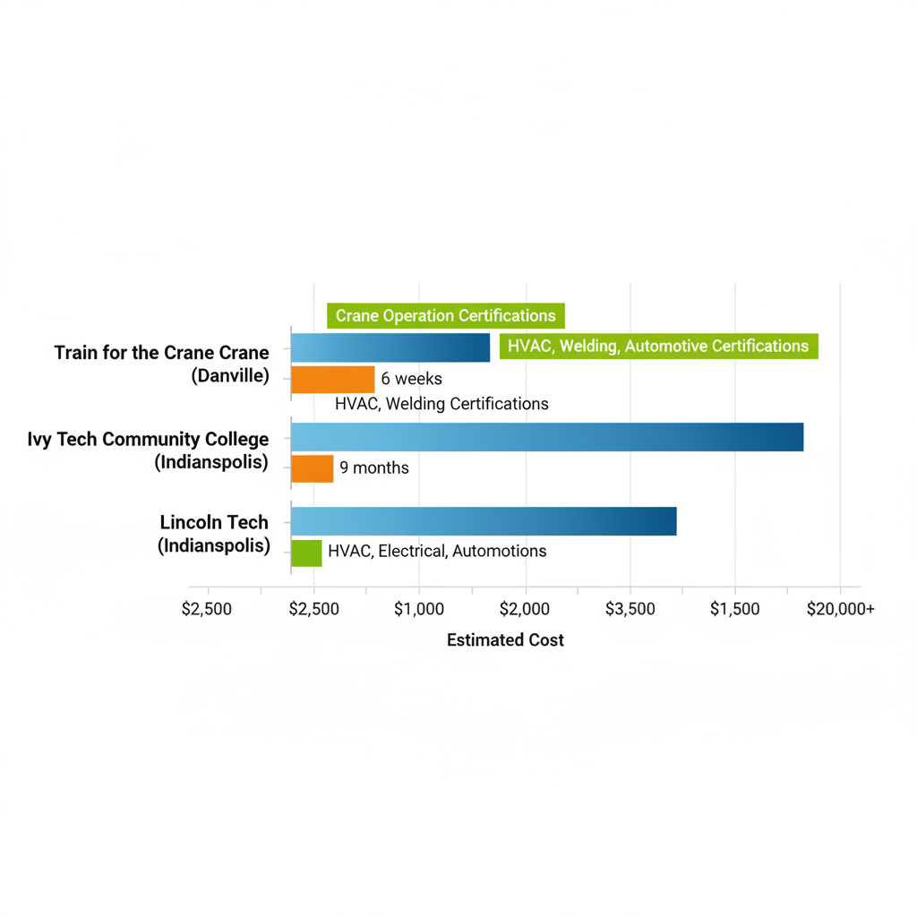 Horizontal bar chart comparing costs, durations, and certifications of top Indiana trade schools including Train for the Crane, Ivy Tech, and Lincoln Tech