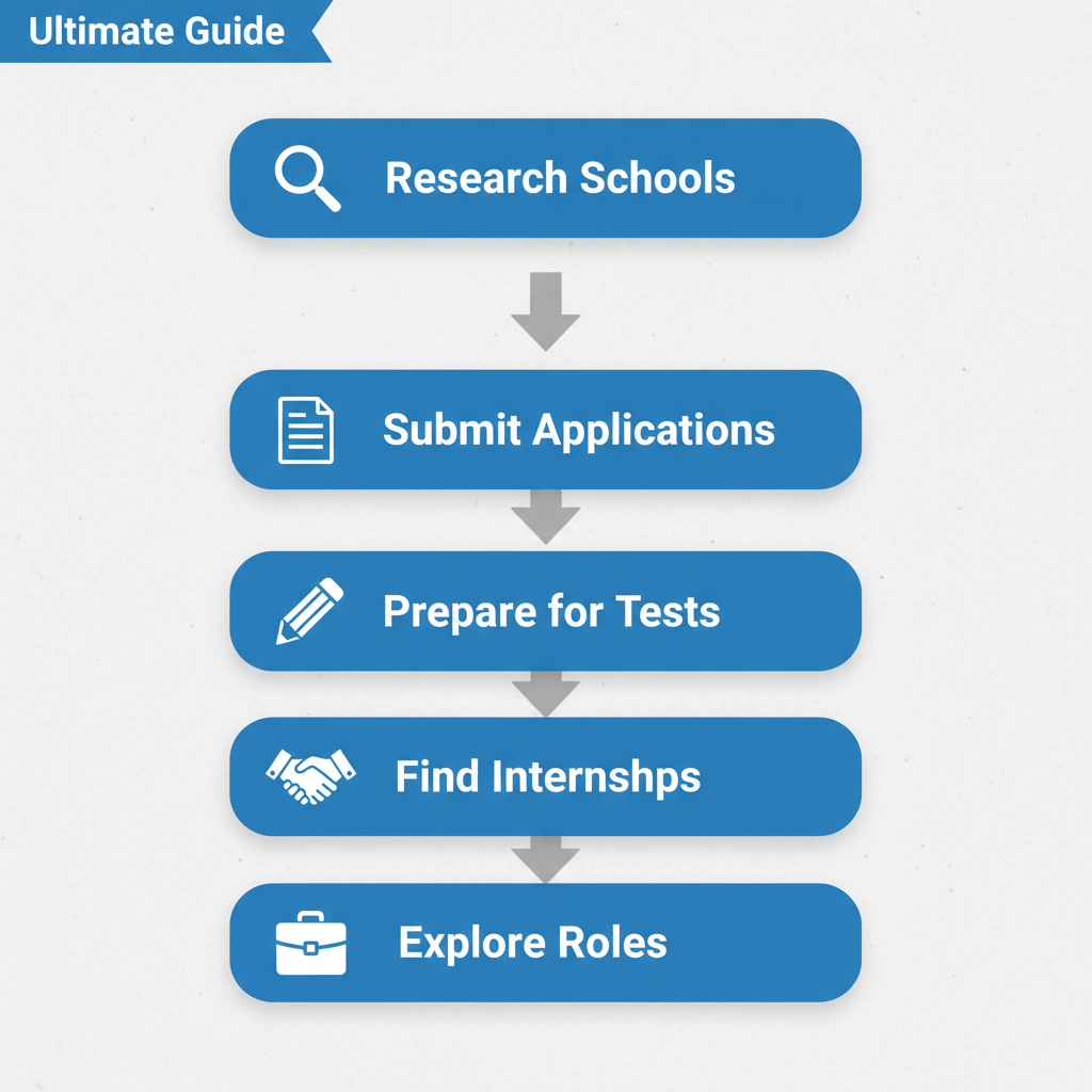 Visual process flow diagram showing five steps to enroll in Indiana trade programs: research, apply, prepare tests, find internships, explore roles.