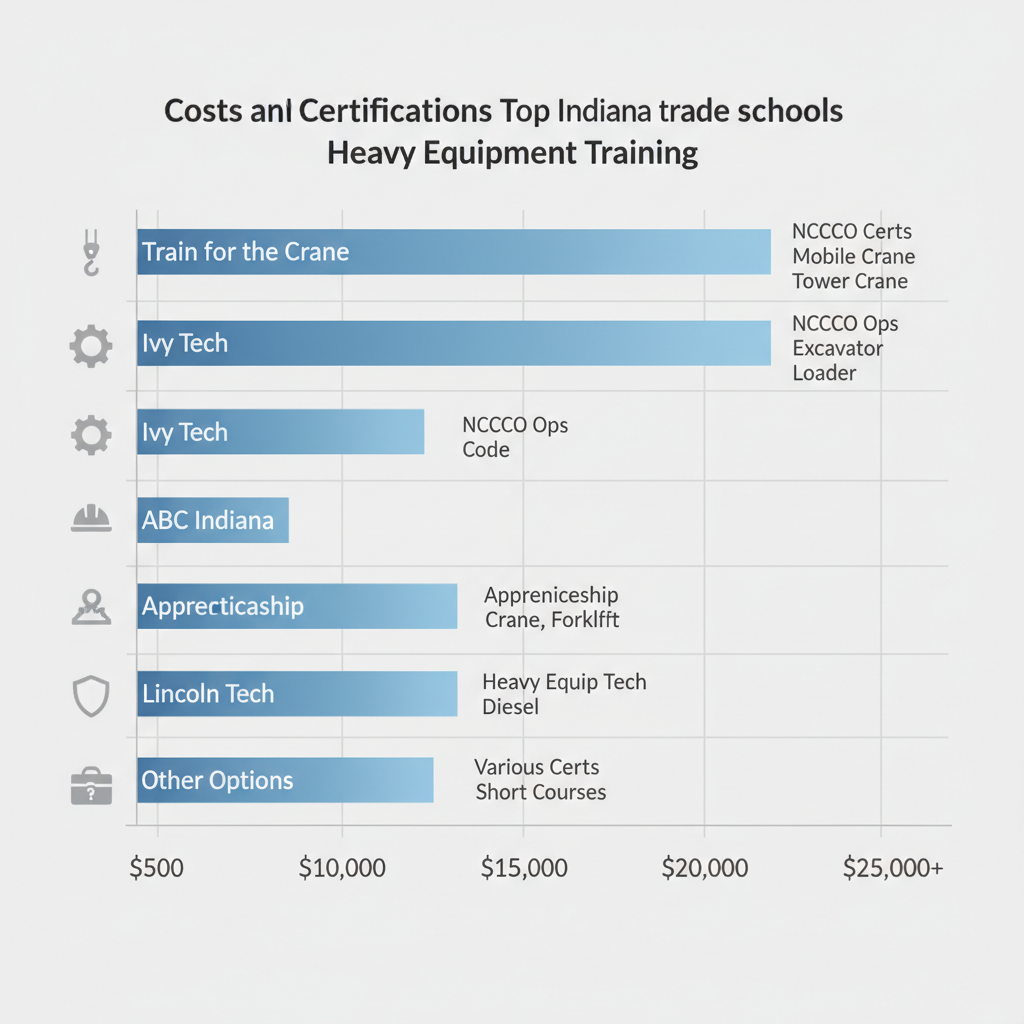 Horizontal bar chart comparing estimated costs and certifications for heavy equipment training at top Indiana trade schools including Train for the Crane, Ivy Tech, ABC Indiana, Lincoln Tech, and other options.