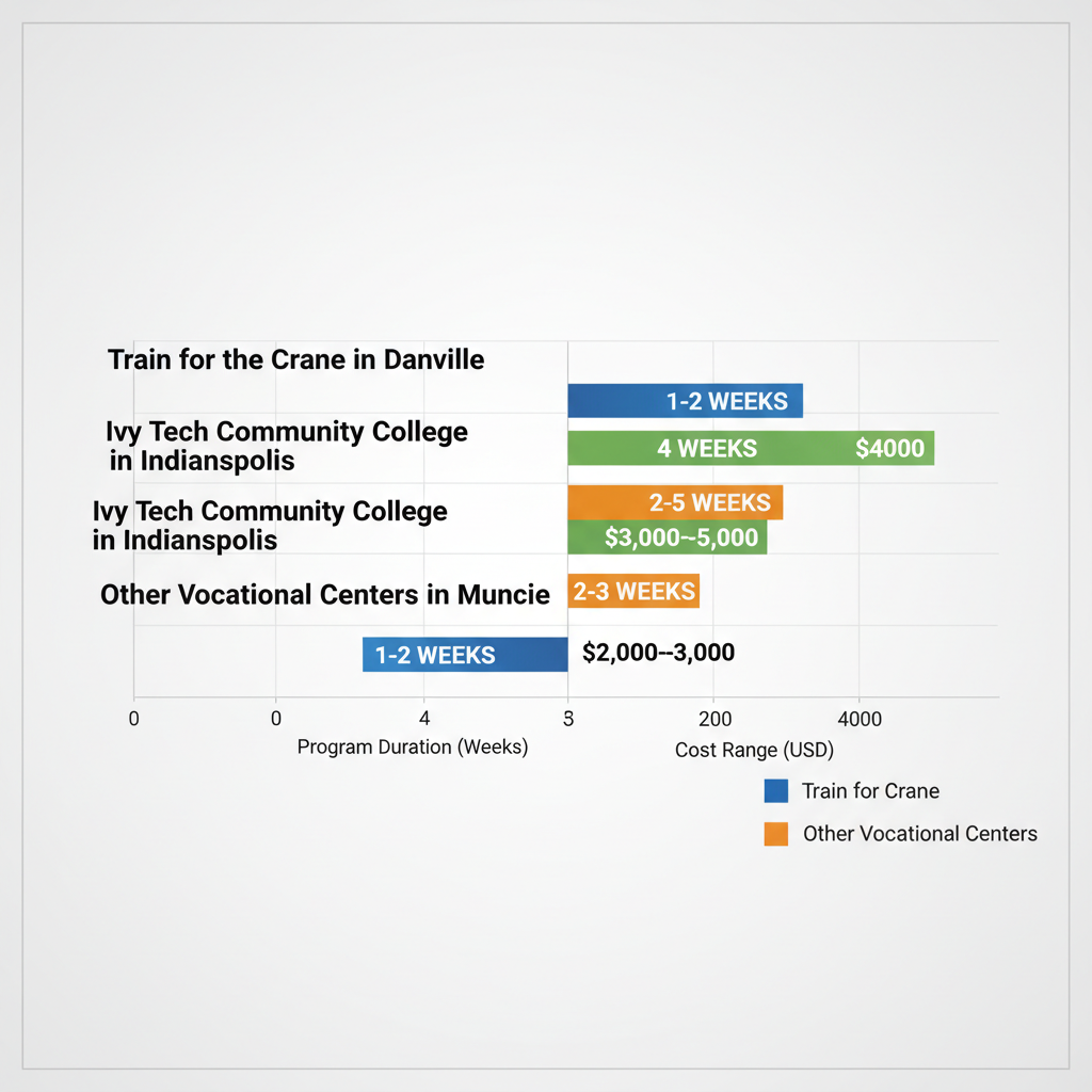 Horizontal bar chart comparing crane training programs at top Indiana trade schools by duration and cost
