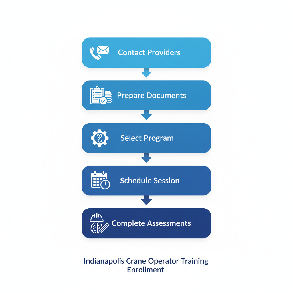 Vertical process flow diagram illustrating five steps to begin vocational crane training: contact providers, prepare documents, select program, schedule session, and complete assessments.