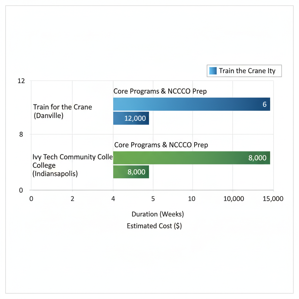 Horizontal bar chart comparing duration and cost of crane training programs at Train for the Crane in Danville and Ivy Tech Community College in Indianapolis