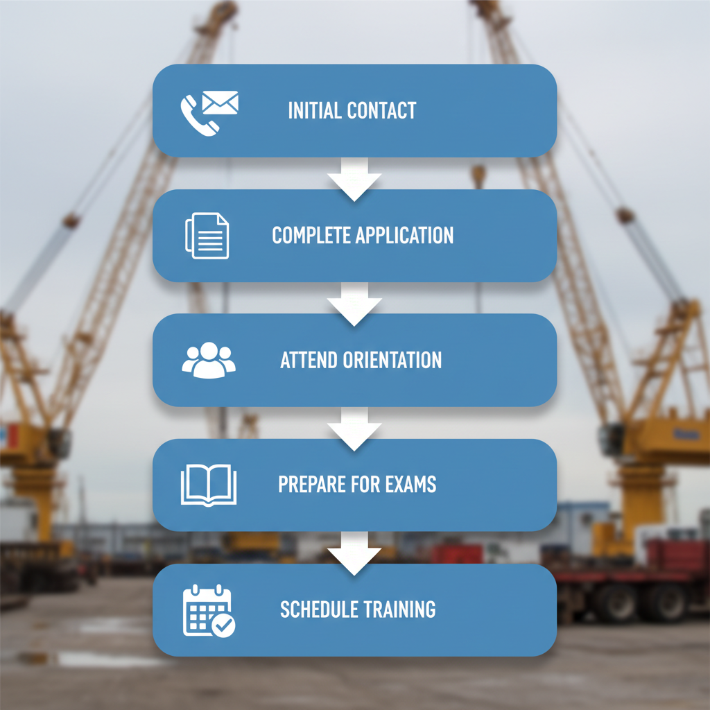 Vertical flowchart illustrating the five-step enrollment process for crane operator certification training.