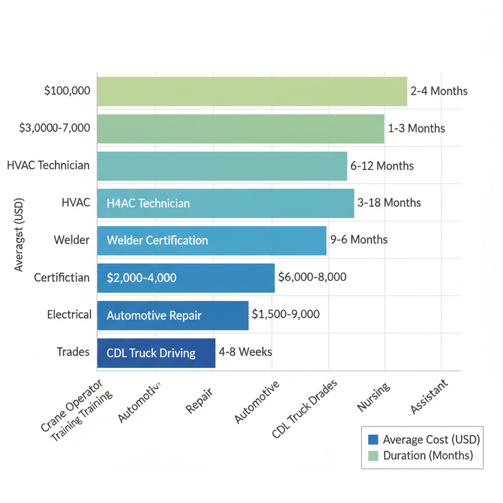 Horizontal bar chart visualizing cost and duration comparisons for Indiana vocational training programs including crane operator training.