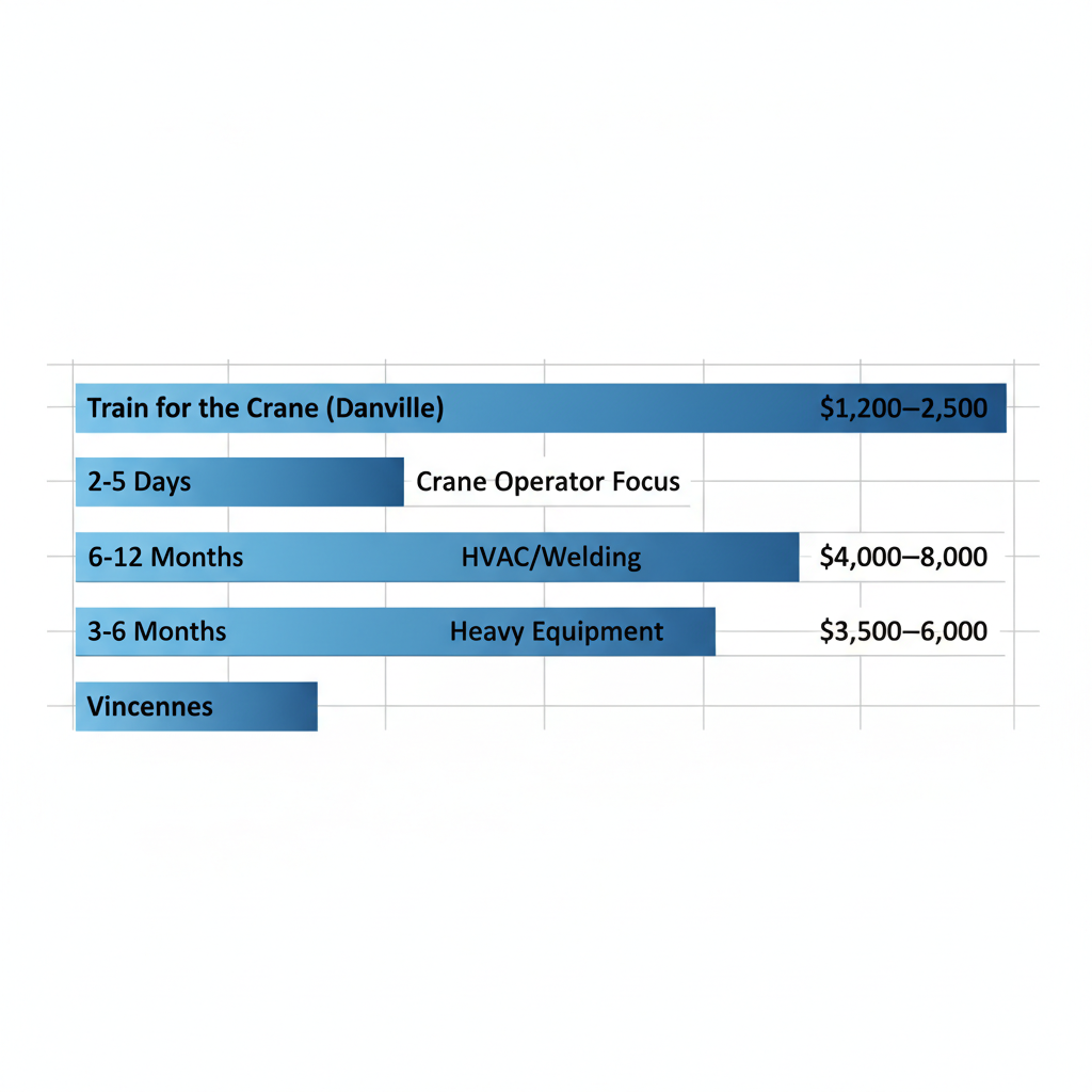 Horizontal bar chart comparing top Indiana trade schools by program focus, duration, cost, and certifications