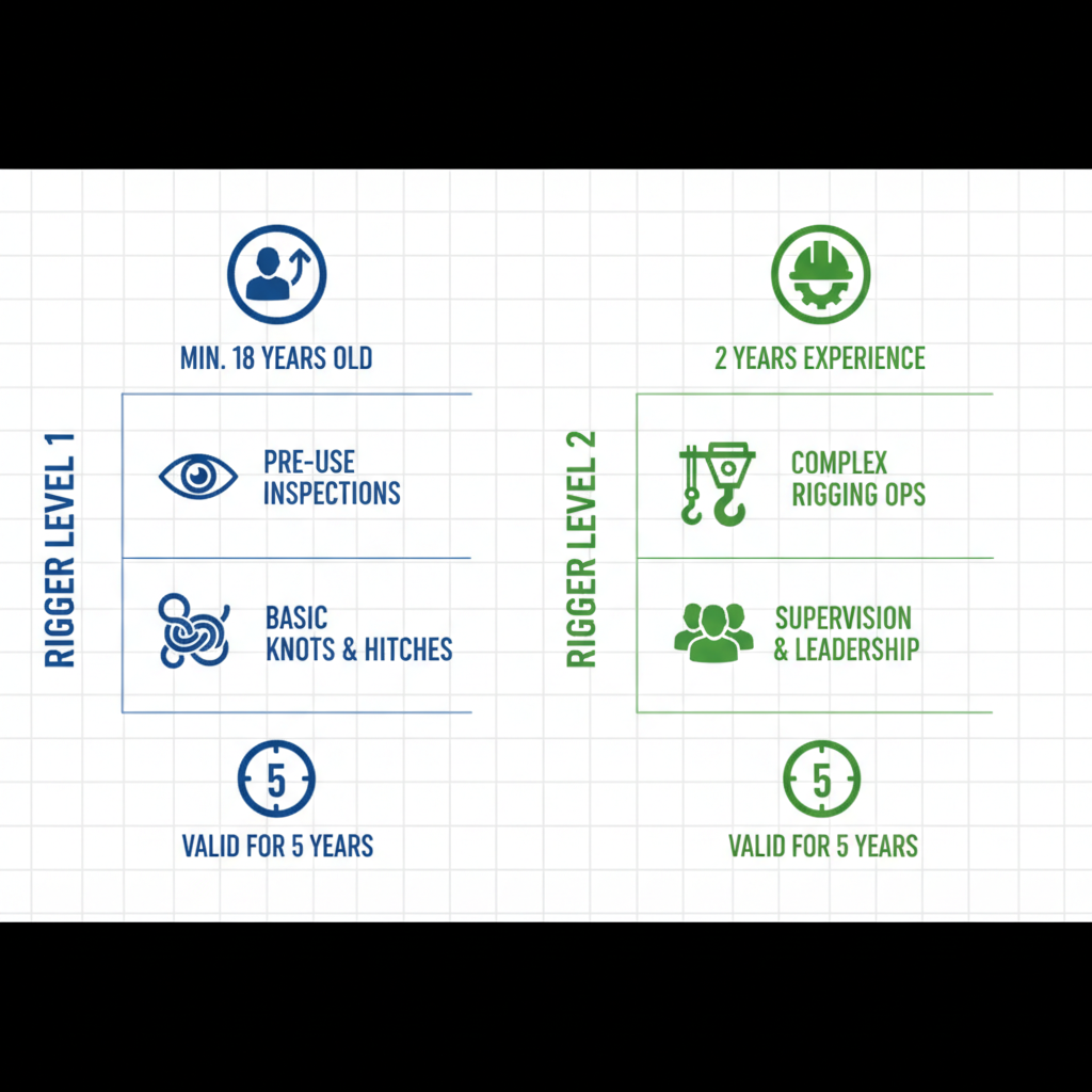 Infographic comparing Rigger Level 1 and Level 2 certification requirements with icons and minimal labels.