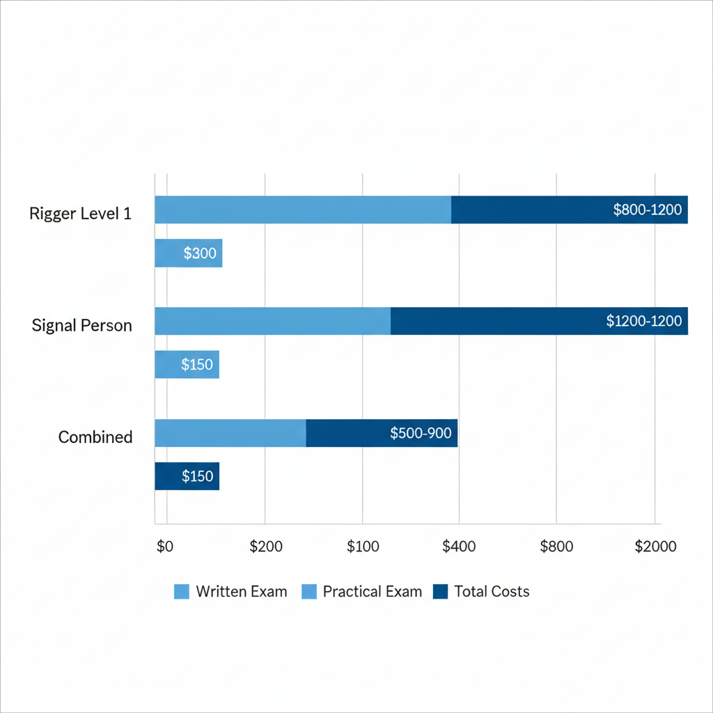 Horizontal bar chart displaying NCCCO rigger certification costs for Level 1, Signal Person, and Combined, with bars for written, practical, and total fees.