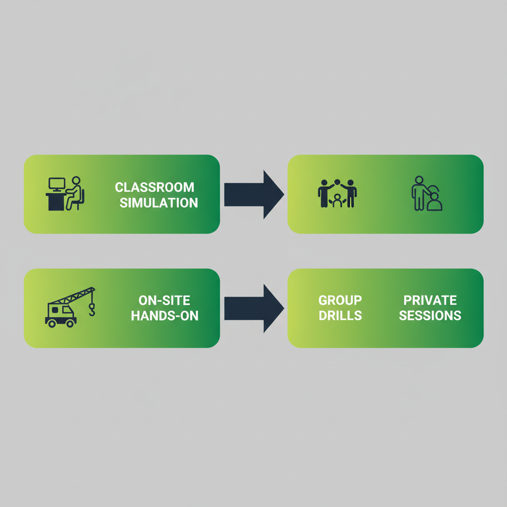 Horizontal process flow diagram of four practical training methods for crane operators including classroom simulation, on-site hands-on, group drills, and private sessions