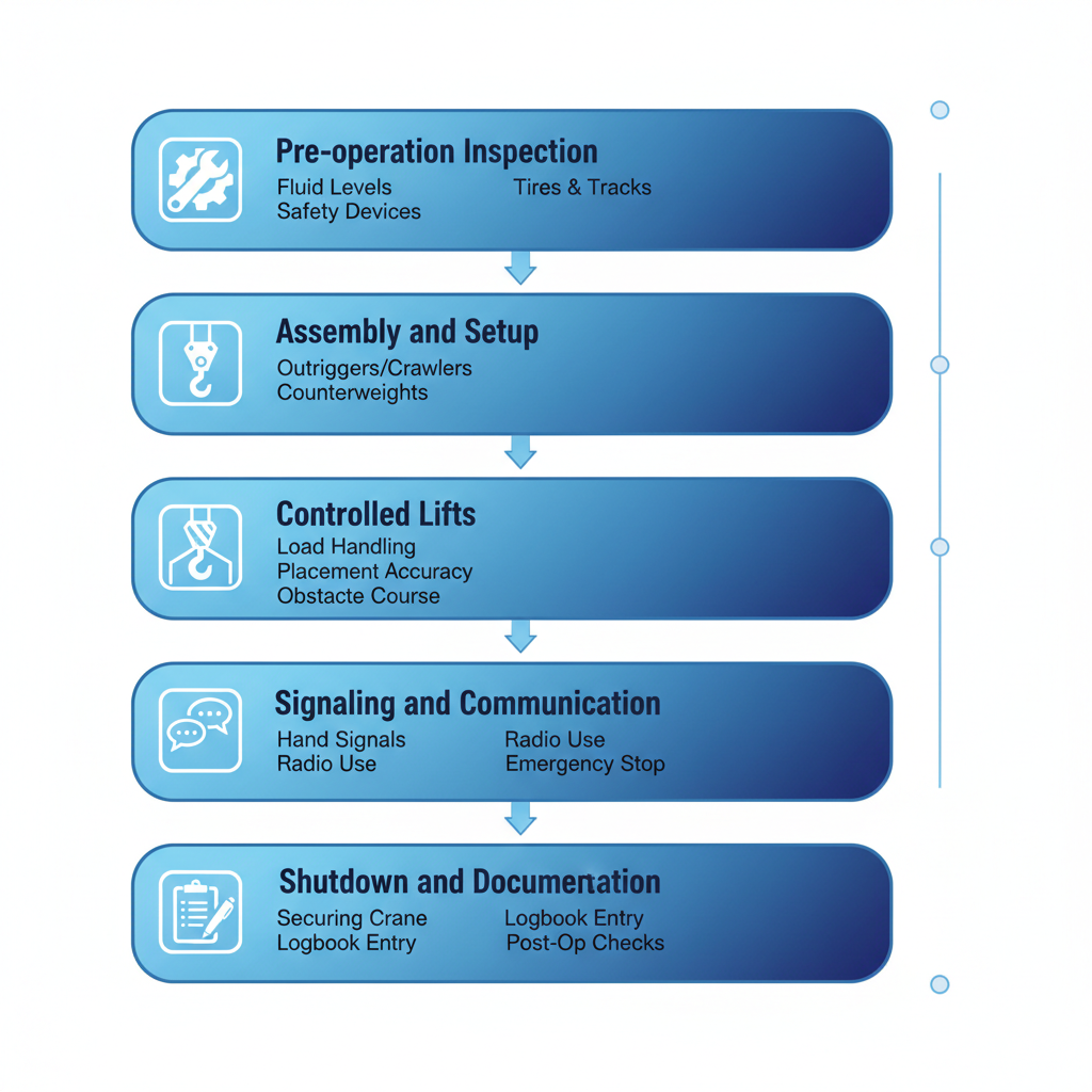 Vertical process flow diagram illustrating the five steps of NCCCO practical exam for mobile crane operators
