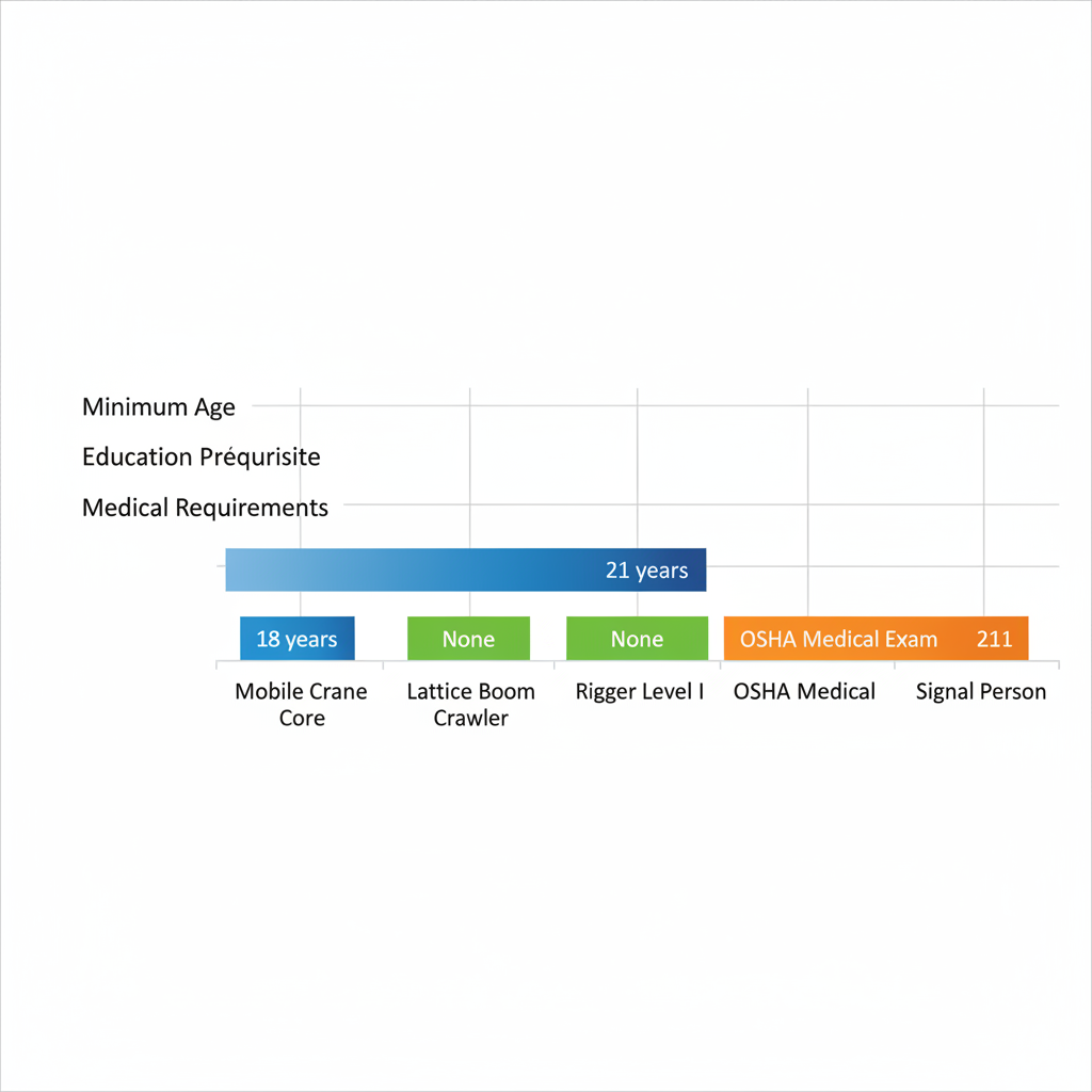 Horizontal bar chart comparing minimum age, education prerequisites, and medical requirements for various crane certifications including Mobile Crane Core, Lattice Boom Crawler, Rigger Level I, and Signal Person.