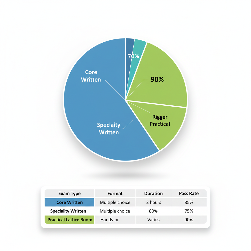Infographic showing NCCCO certification exam types, pass rates via pie chart and details table