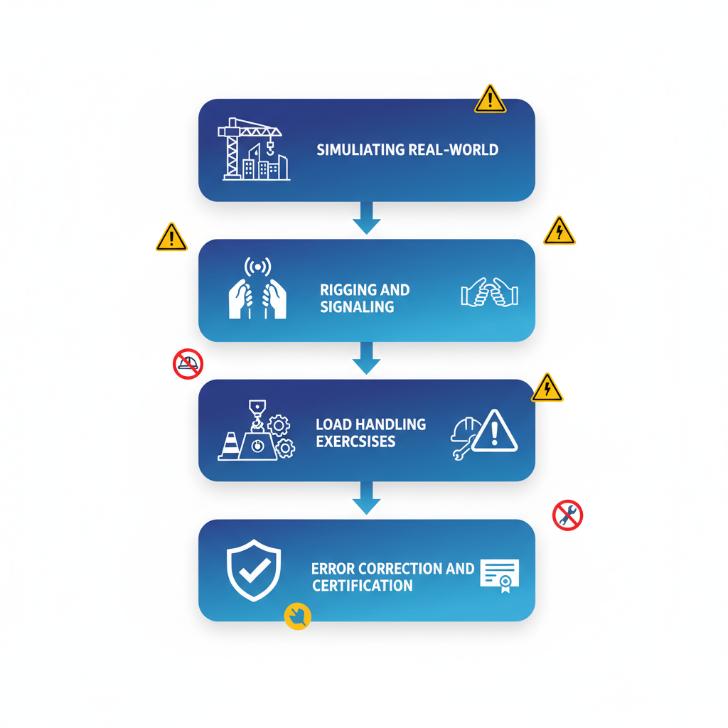 Vertical process flow diagram illustrating the five stages of hands-on practical crane operator training.