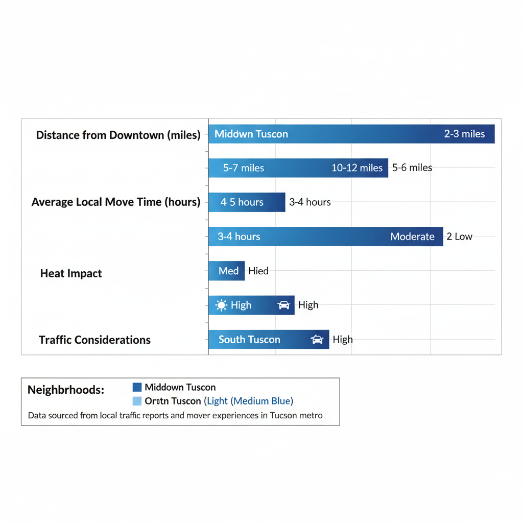 Horizontal bar chart comparing moving challenges in Tucson neighborhoods: Midtown, Oro Valley, South Tucson, with metrics on distance, time, heat, and traffic.