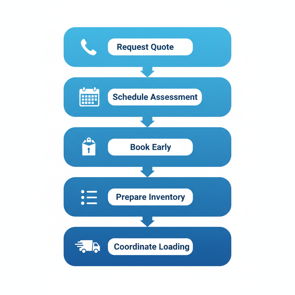 Vertical process flow diagram illustrating five sequential steps for starting a long distance move in Tucson with icons and labels.