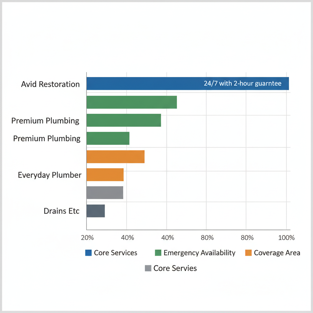 Horizontal bar chart comparing commercial plumbing contractors in Tampa Bay by core services, emergency availability, and coverage area