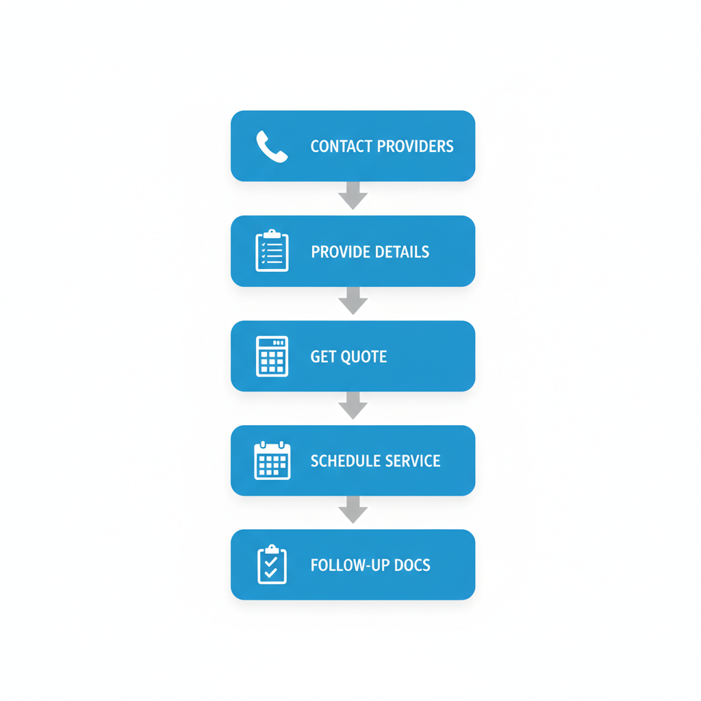 Vertical process flow diagram illustrating five steps to engage commercial plumbers in Tampa with icons for contact, details, quote, schedule, and follow-up.