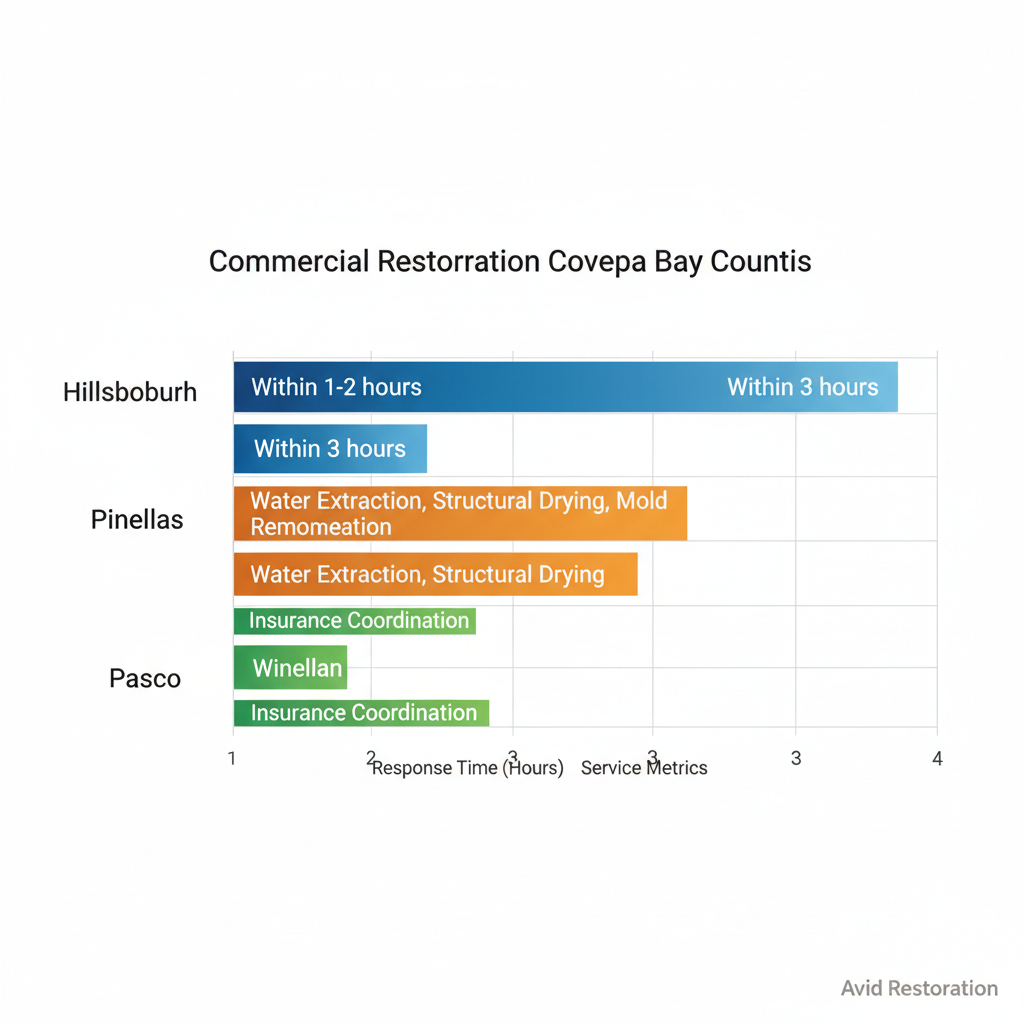 Horizontal bar chart comparing restoration response times and services across Tampa Bay counties