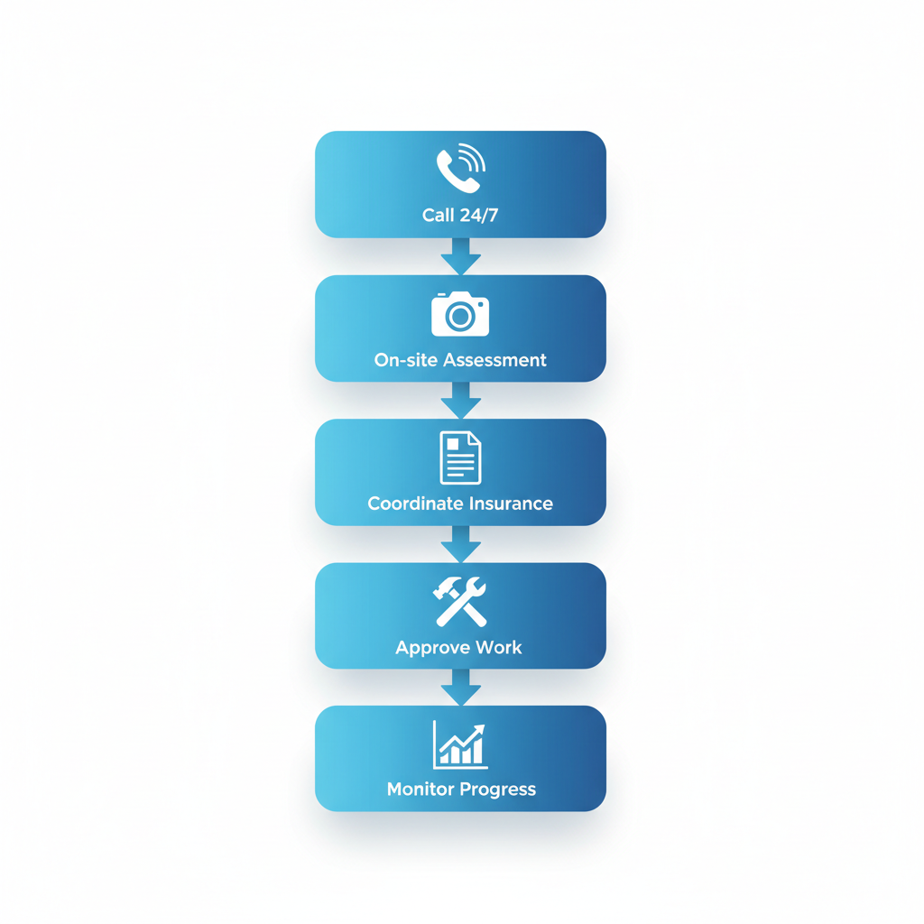 Vertical process flow diagram illustrating five steps for initiating commercial restoration services