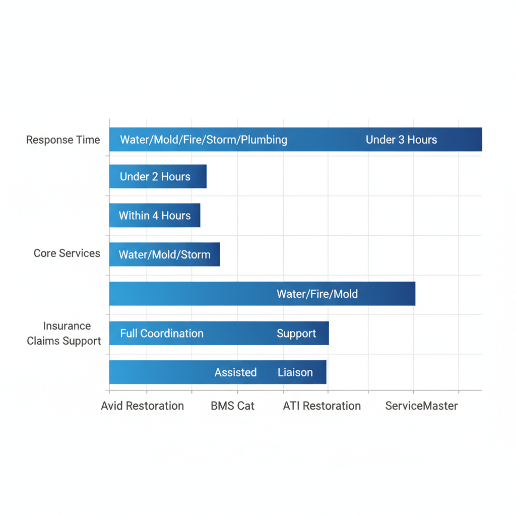 Horizontal bar chart comparing response times, core services, and insurance support for top Tampa Bay restoration companies