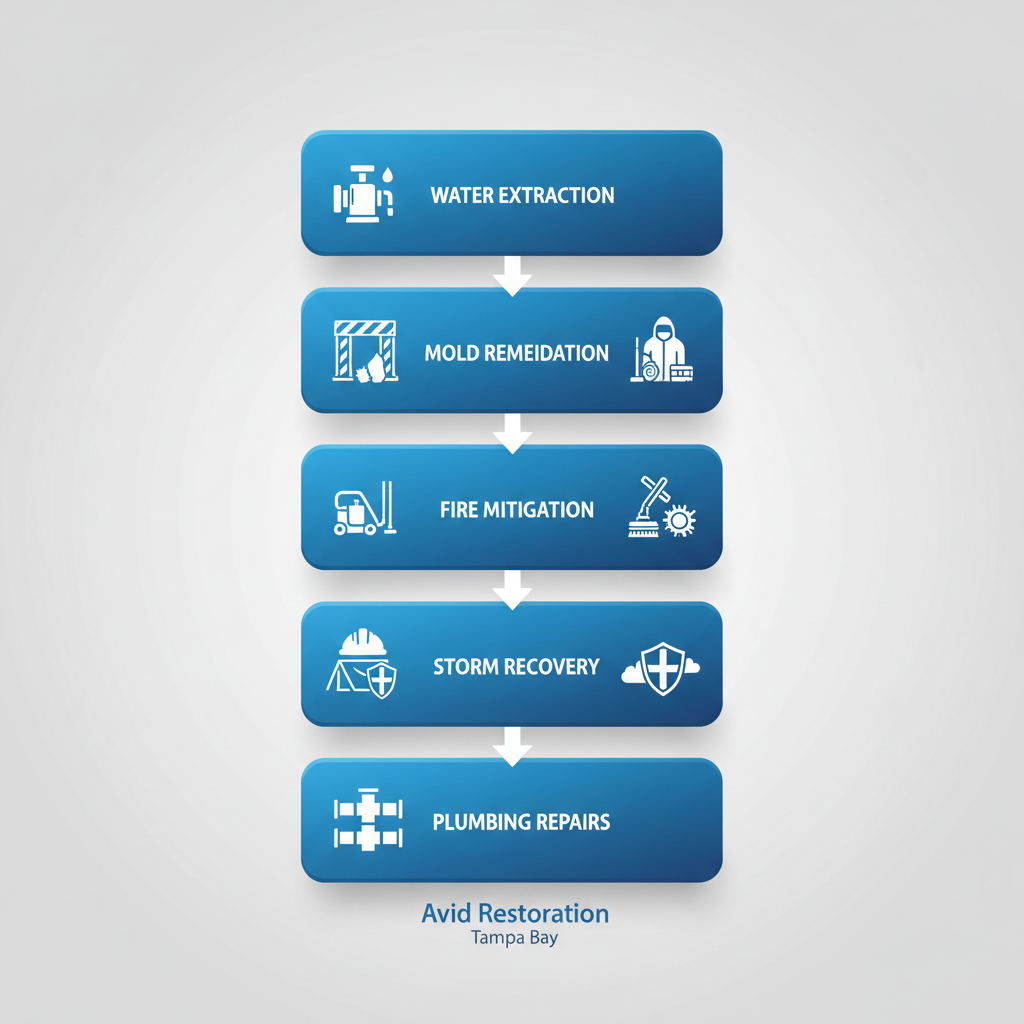 Vertical process flow diagram illustrating five stages of commercial restoration services: water extraction, mold remediation, fire mitigation, storm recovery, and plumbing repairs for Tampa properties