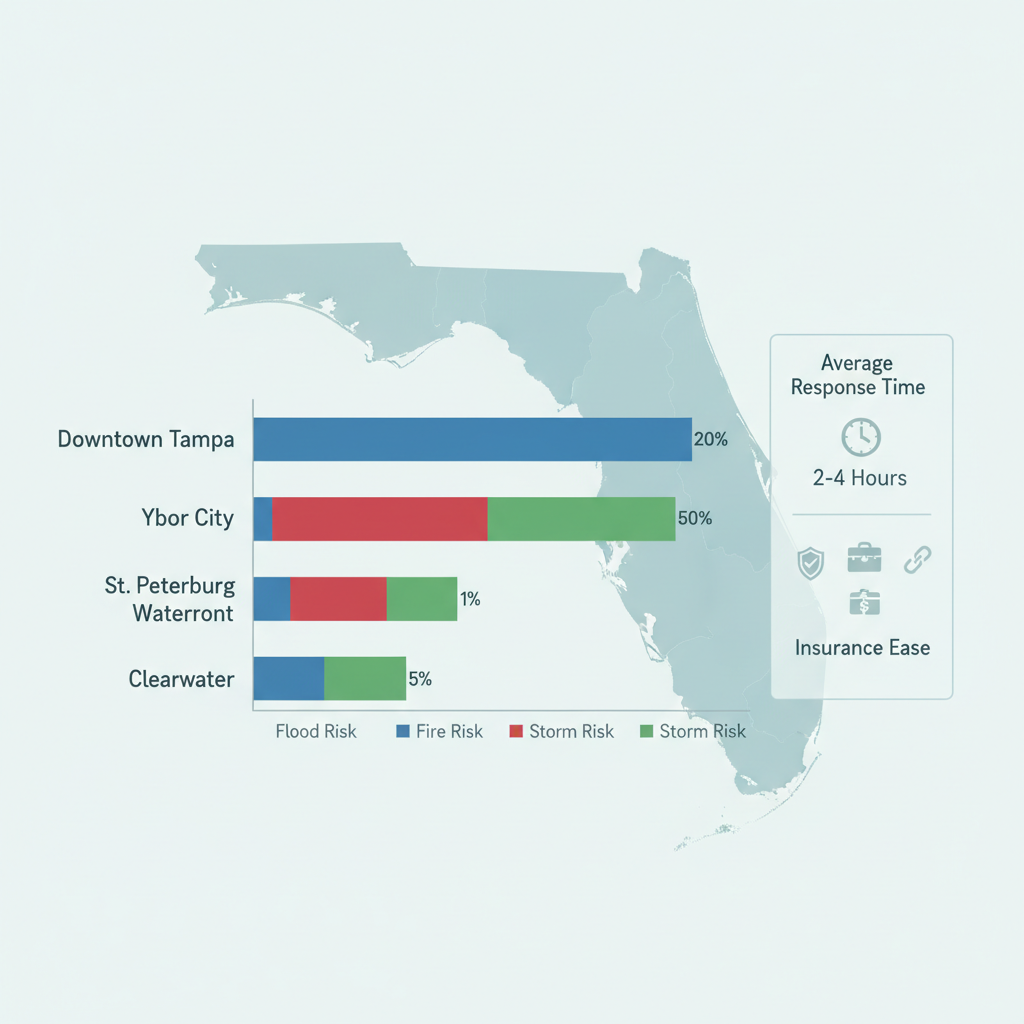 Infographic comparison chart of flood, fire, and storm risks in Tampa Bay commercial areas including response times and insurance ratings