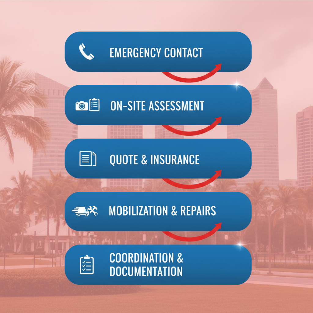Vertical process flow illustrating five key steps for starting commercial restoration services in Tampa