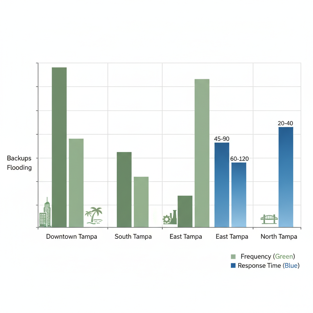 Bar chart comparing frequency of sewer backups, flooding, and response times in Tampa neighborhoods: Downtown, South, East, North.