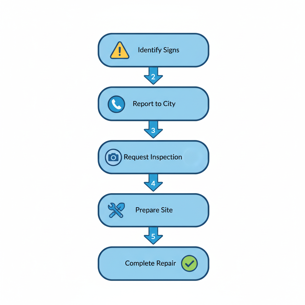 Vertical process flow diagram outlining five steps to resolve sewer issues in Tampa: identify signs, report, request inspection, prepare site, complete repair.