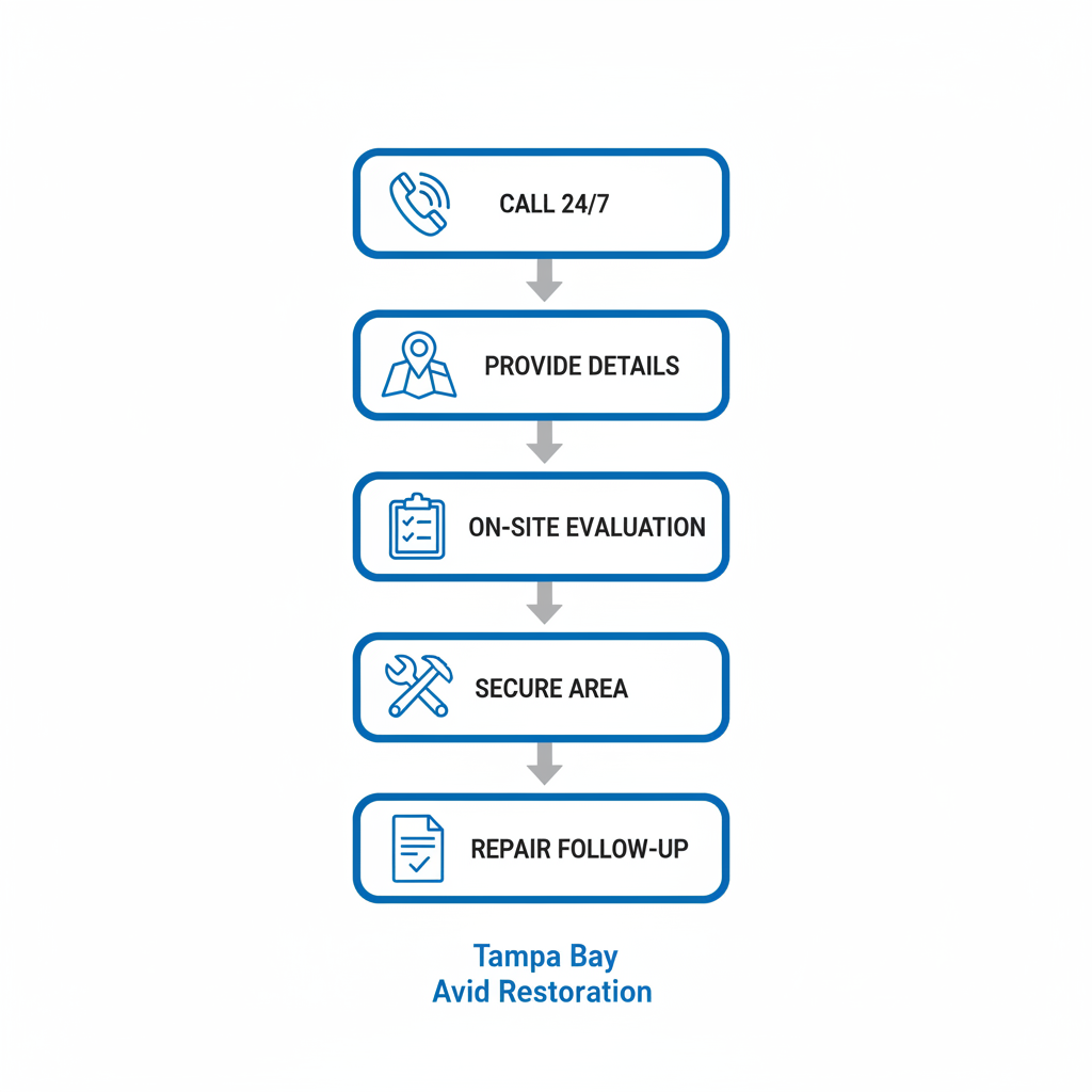 Vertical process flow illustrating five steps for accessing emergency plumbing services in Tampa with icons and arrows.