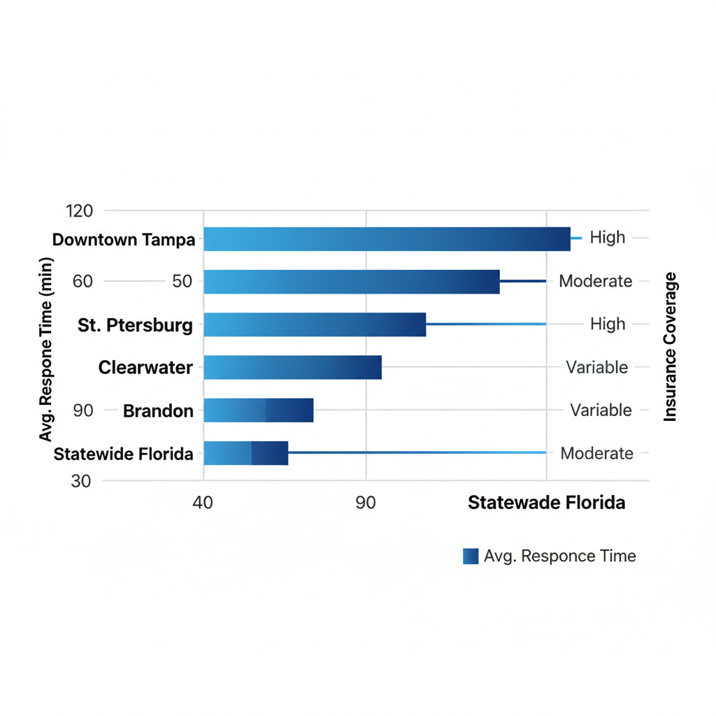 Horizontal bar chart comparing restoration response times and insurance coverage across Tampa Bay neighborhoods including Downtown Tampa, St. Petersburg, Clearwater, Brandon, and Statewide Florida