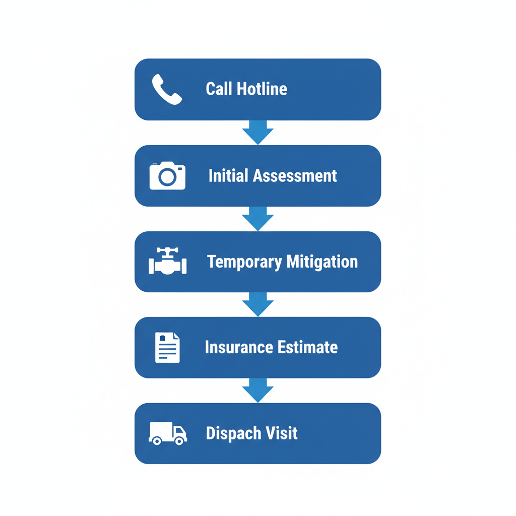 Vertical process flow diagram illustrating five key steps for initiating emergency restoration: calling hotline, initial assessment, temporary mitigation, estimate and insurance filing, and first visit dispatch.