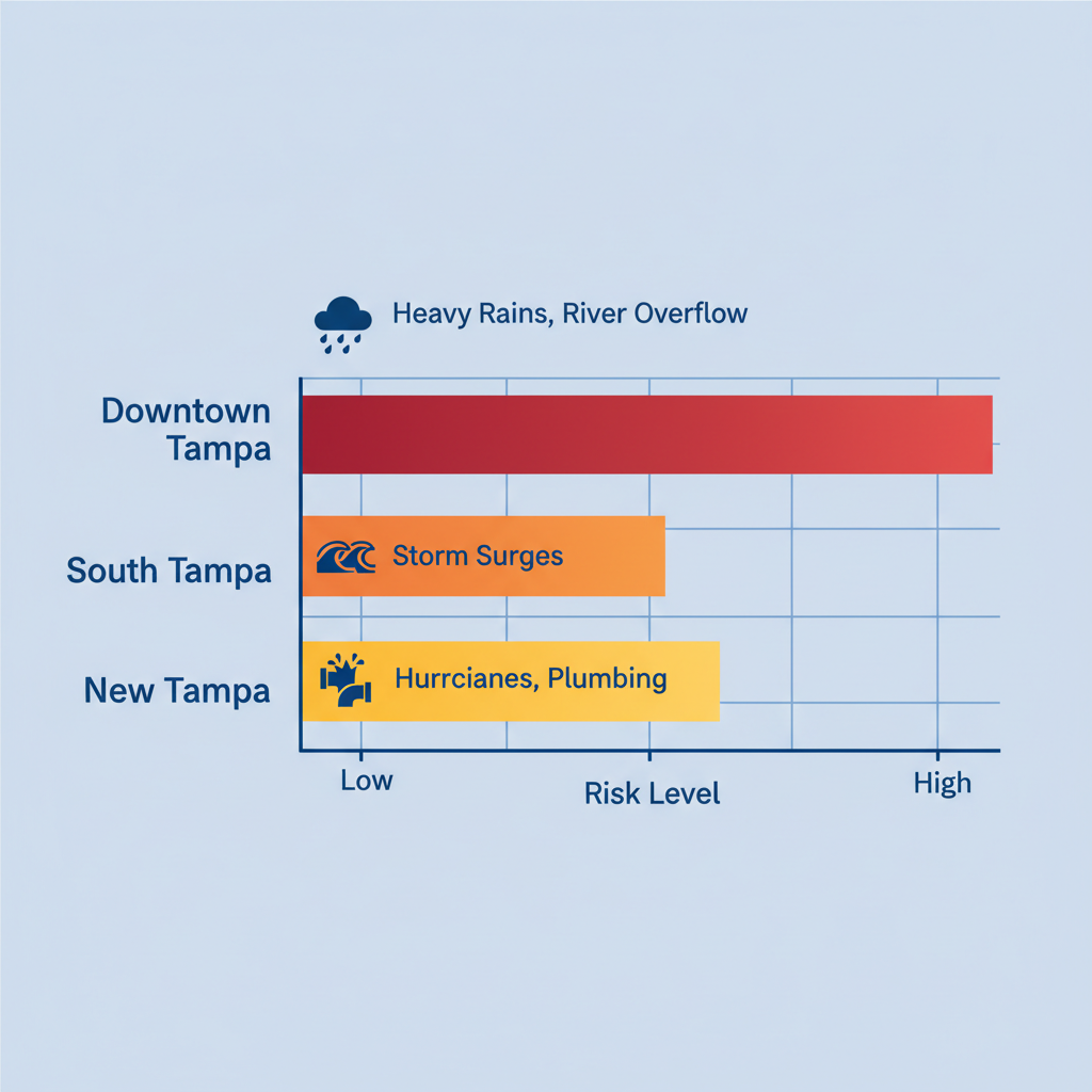 Horizontal bar chart illustrating water damage risk levels across Tampa neighborhoods with color-coded bars and cause icons