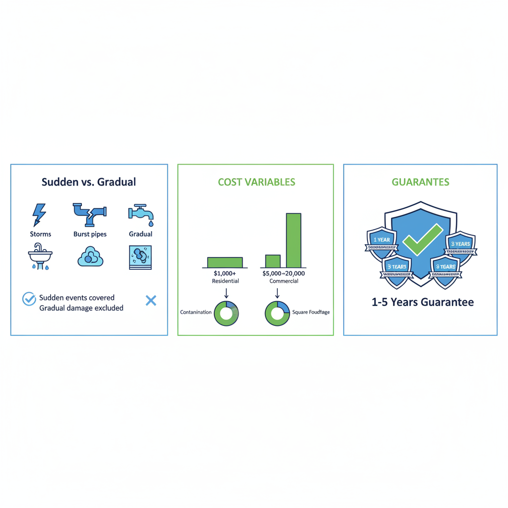 Infographic showing insurance coverage, cost variables, and guarantees for water restoration services in Tampa Bay