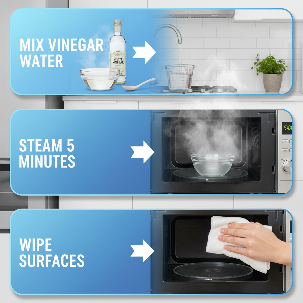 Horizontal process flow diagram illustrating three steps to clean a microwave using steam: mixing vinegar and water, steaming, and wiping surfaces