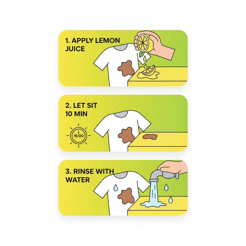 Vertical process flow illustrating stain removal steps using fresh lemon juice on fabric or surfaces.