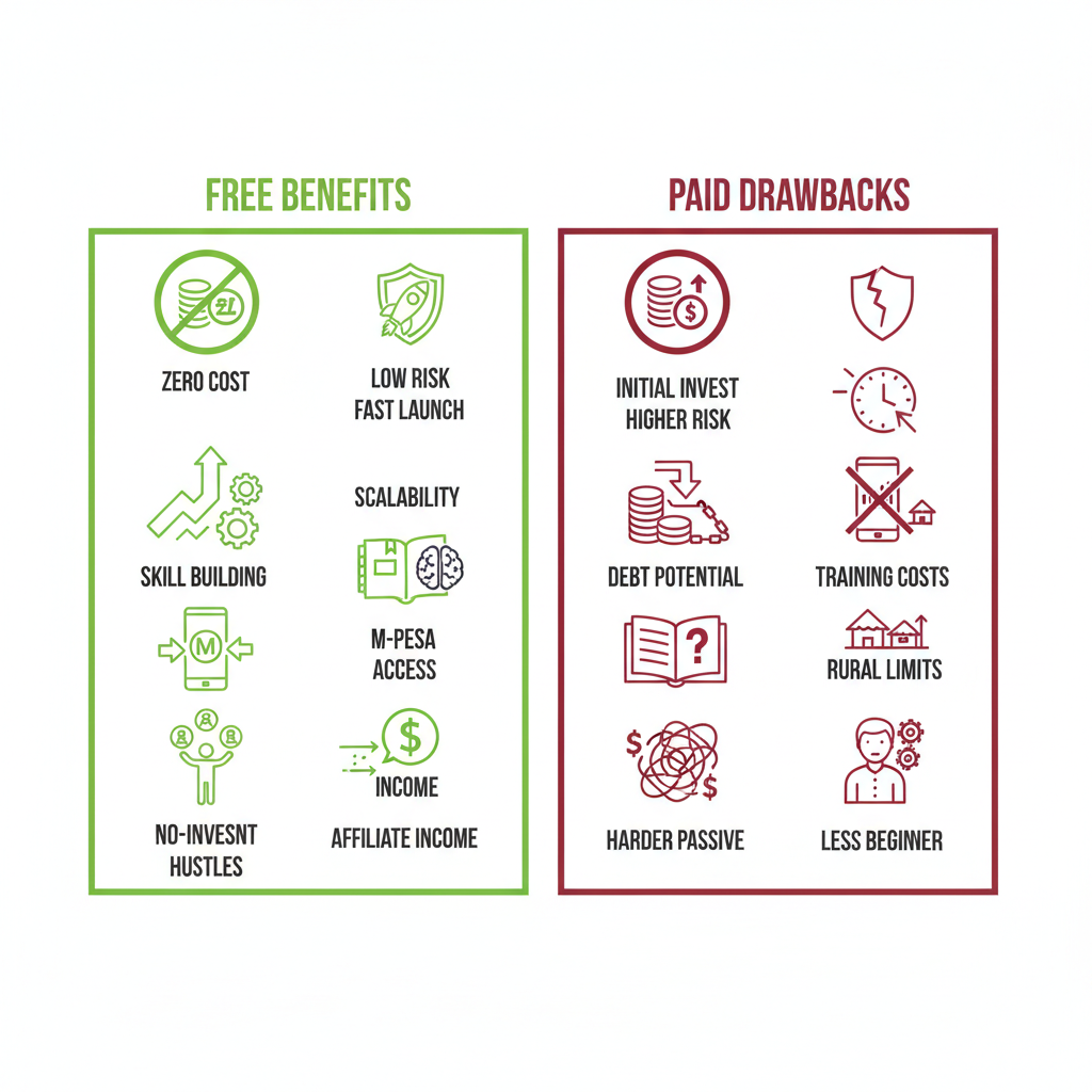 Infographic comparing advantages of free versus drawbacks of paid online business startups for Kenyan beginners