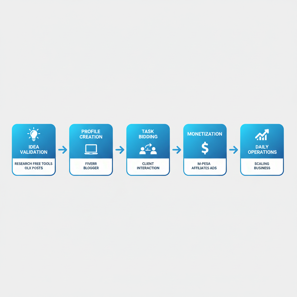 Horizontal process flow diagram showing five steps to start and operate a free online business for Kenyan beginners, with icons including bulb, laptop, arrows, dollar sign with M-Pesa, and growth arrow.