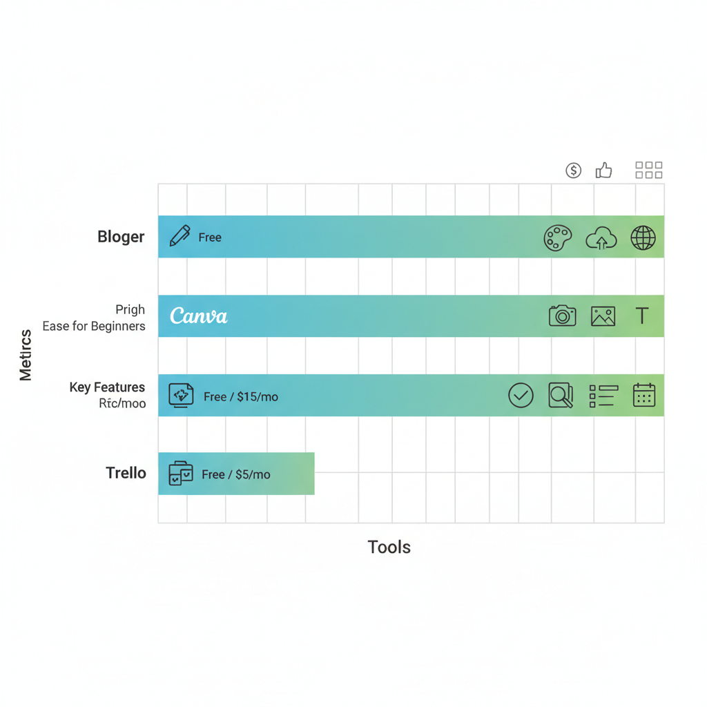 Horizontal bar chart comparing Blogger, Canva, Grammarly, and Trello blogging tools on pricing, ease of use, and features for beginners